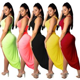 Women Fashion two piece Dress sleeveless Off shoulder T Shirt Crop Top + Split Skirt Outfits Pleated Solid Skirts Tracksuit Vest Set S-2XL