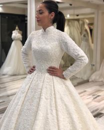 Dubai Arabic Muslim High Neck Ball Gown Wedding Dresses 2020 Long Sleeve Beading Lace Bridal Gowns Court Train Vestidos De Novia A188B