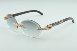 Newest T3524016-9 cutting lenses diamonds sunglasses, natural black textrued buffalo horn legs retro oval glasses, size: 58-18-140mm