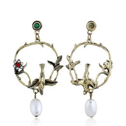 red drops NZ - Wholesale-Branch bird dangle earrings leaves ring pearls girl red diamond chandelier ear drops women Bohemia retro ear jewelry free shipping