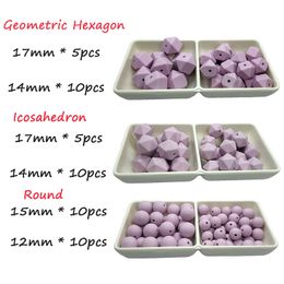 Purple 50pcs DIY Silicone Pearl Beads Set 14//17mm Hexagon Icosahedron 12//15mm Round Beads Mom Care Necklace Making
