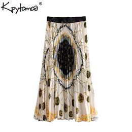 Fashion-Vintage Stylish Chains Print Pleated Midi Skirt Women 2018 Fashion Elastic Waist Streetwear Ladies Skirts Casual Faldas Mujer