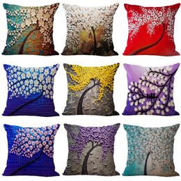 3D Oil Painting Trees Flowers Pillow Cover Cherry Blossom Blooming Printing Pillowcase Modern Painted Cushions Cover 45x45cm