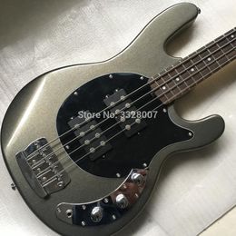 Music Man 4 Strings Bass Erine Ball StingRay Metallic Sliver Grey Electric Guitar 9V Battery Active Wires, Black Pickguard Chrome Hardware