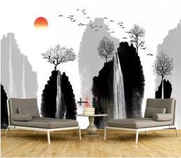 3d bathroom wallpaper New Chinese ink landscape waterfall TV background wall