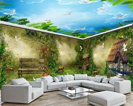 Custom Photo 3d Wallpaper Full House Background Wall Fantasy Fairy Forest Hut Flowers Bird Mural Wallcovering HD Wallpaper