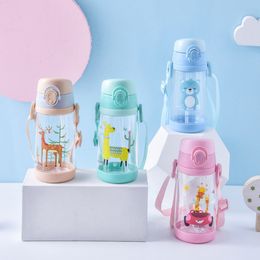 Kids Cartoon Drinking Cup Baby Student Water Drinking Cup with Straw Child Sport Outside Strap Drinking Cup 500ml