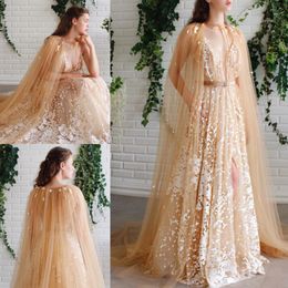 Amazing Lace Appliqued Evening Dresses With Cape Sheer Plunging Neck Side Split Prom Gowns Floor Length Tulle Plus Size Formal Dress 407