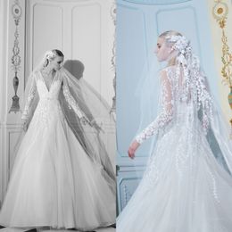 2020 Modest ELIE SAAB Elegant A Line Wedding Dresses V Neck Long Sleeve Lace Applique Sash Wedding Gowns Sweep Train robe de mariée