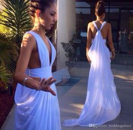 Designer Deep New V Neck White Evening Mopping Prom Dress Lace-Up Front Split Criss-Cross Cutaway Sides Special Ocn Dresses es