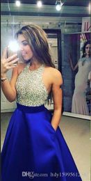 2019 evening Dresses Long fashion prom dresses sexy royal blue sleeveless round collar bodice crystal beading evening Dress 047