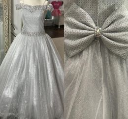 Grey Girls Pageant Dresses For Wedding 2020 Beading Crystal Off The Shoulder Sequins Tulle Big Bow Birthday Party Dress Kids Flower Girl