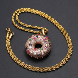 High End Rose Gold Plated Full Colorful CZ Doughnut Pendant Necklace Bling Zircon Paved Hip Hop Necklaces for Men Women