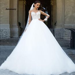 Elegant Lace Appliques Long Sleeve Wedding Dresses Ball Gown Wedding Gowns Fluffy Boho Bride Dress White vestido de noiva