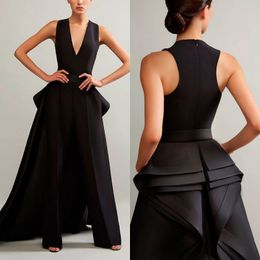 Studio Jumpsuits Ashi Prom Dresses 2019 Sexy V Neck Sleeveless Ruffle Evening Gowns with Detachable Train Arabic Special Ocn Dress