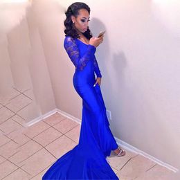 Simple Royal Blue Mermaid Prom Dresses African Black Girl Graduation Dresses Long Sleeve Lace Long Evening Party Gowns Pageant Gowns