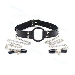Bondage Leather O Ring Gag Open Mouth Harness With Restraint Chin Clip Clamps Fetish Toy A876