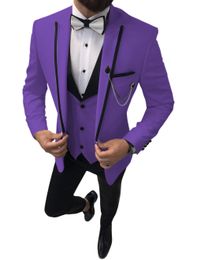 Slim Fit Purple Groom Tuxedos Peak Lapel Groomsman Wedding 3 Piece Suit Fashion Men Business Prom Jacket Blazer(Jacket+Pants+Tie+Vest) 2864