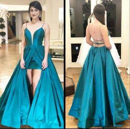 Prom Pea Blue Dresses Front Slit Satin Spaghetti Straps Sexy Criss Cross Back Custom Made Evening Party Gowns Formal Ocn Wear