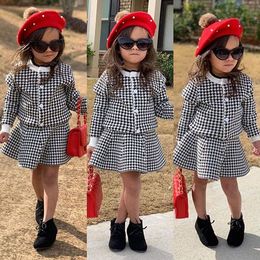 kids designer clothes girls Toddler Little Lady Princess Skirts Sets Long Sleeve Thick Plaid Coats Jacket Skirt Knit Crochet