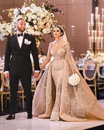 Luxury Mermaid Wedding Dress With Detachable Train High Neck Appliqued Major Beading Long Sleeves Bridal Gowns Custom Made Vestidos De Novia