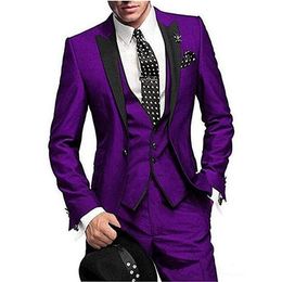High Quality One Button Purple Groom Tuxedos Peak Lapel Men Suits Wedding/Prom/Dinner Best Man Blazer (Jacket+Pants+Vest+Tie) W440