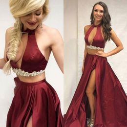 Sexy Two Pieces Evening Dresses Burgundy Satin Halter Neck Sleeveless Cut Out Front High Split Two-piece Prom Party Gowns Crystals Waist