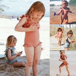Baby Girls One Piece Swimsuit Summer2020 Swimsuit Girls Ruffles Solid One Piece Swimwear Sleeveless Beach Bathing Suit Kids A429