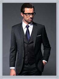 Classic Design Dark Grey Groom Tuxedos Notch Lapel Two Button Groomsmen Mens Wedding Dress Excellent Man Suits(Jacket+Pants+Vest+Tie) 365
