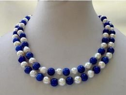 Free Shipping @@@@@ 2 strand white seawater pearl 8mm Egypt blue bead everyday necklace bib necklace