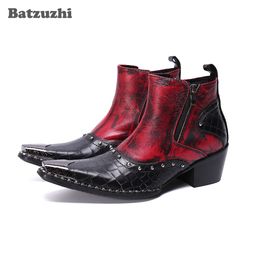 Batzuzhi 6.5cm Heels High Men Ankle Boots Pointed Toe Zip Punk Men's Leather Boots Ankle for Party and Wedding chaussure homme