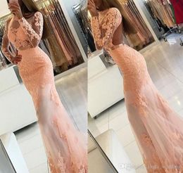 2019 Newest Blush Pink Long Sleeves Backless Prom Dress Lace Formal Holidays Wear Graduation Evening Party Gown Custom Made Plus Size