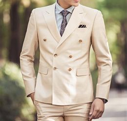 Double-Breasted Groomsmen Peak Lapel Groom Tuxedos Champagne Men Suits Wedding/Prom/Dinner Best Man Blazer ( Jacket+Pants+Tie) B563