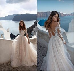 a line wedding dress v neck long sleeves lace sequins appliqued court train bridal dress backless tulle custom made robes de marie