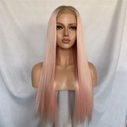 Middle Parting Long Hair Silky Straight Ombre Pink Lace Front Wig Heat Resistant Synthetic Wigs For American Black Women