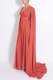 2020 New Spring Modest Muslim Long Dress Coral Chiffon Evening Dresses A Line Surplice V Neck Prom Gowns with Cape Sweep Train Custom Made