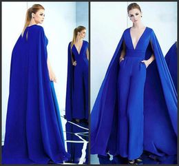 Royal Blue Deep V Neck Jumpsuit Evening Dresses with Wrap High Waist Pleat Satin Celebrity Gown Simple Custom Made Women's Red Carpet Dress