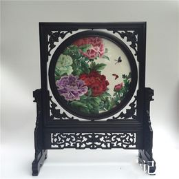 Free DHL Vintage Chinese Room Desk Decor Accessories Crafts Handmade Silk Embroidery Patterns Works Ebony Wood Frame Table Ornaments