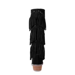 Hot Sale- Winter Women's Fringe Knee High Boots Woman Thigh High Boots Genuine Leather Black Brown Woman Fringe Shoes Fashion