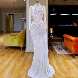 Sparkly Sequined Mermaid Evening Dresses Dubai Long Sleeves Prom Dresses With Deep High Neck vestido de festa Celebrity Party Gowns