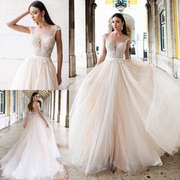 Bohemian A Line Oksana Wedding Dresses Spaghetti Sleeveless Tulle Lace Applique Crystal Wedding Gowns Sweep Train robe de mariée