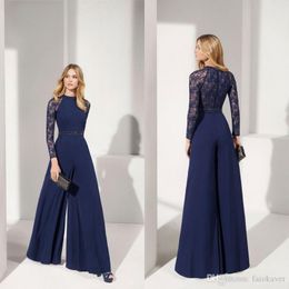 Navy Blue Chiffon Jumpsuits Mother Of The Bride Dresses Jewel Neck Lace Appliqued Long Sleeve Wedding Guest Dress A Line Evening Prom Gowns