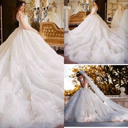 awesome Arabic ball gown wedding dresses cathedral train sheer back puffy Crystal Diamond stones bling good quality Lace Wedding Gowns 2019