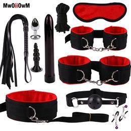Mwoiiowm Exotic Accessories Nylon Bondage Set Sexy Lingerie Handcuffs Whip Rope Anal Vibrator Adult Sex Toys for Couples