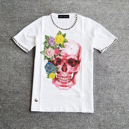 New women's cotton printed diamond studded Skull T-shirt 3d flower decorative rivet short sleeve