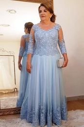 Light Sky Blue Mother Off Bride Dresses Lace Appliques Beaded 3/4 Long Sleeves Party Dress Floor Length Women Formal Mothers Gowns