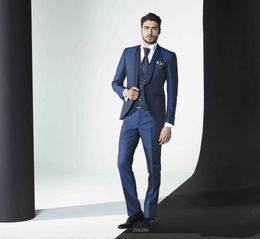 New Design One Button Navy Blue Wedding Men Suits Shawl Lapel Three Pieces Business Groom Tuxedos (Jacket+Pants+Vest+Tie) W1162