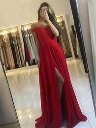 Lace Red Bridesmaid Dresses Long Side Split Off Shoulder Lace Up Back Chiffon A-Line Wedding Guest Gowns Maid of Honour Dress