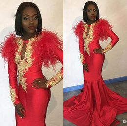 African Red Mermaid Prom Dresses Long Sleeves Gold Appliques Feathers Satin Formal Evening Dress Black Women Pageant Party Gowns Custom