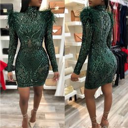 2020 Stylish Sheath Evening Dresses Long Sleeves High Collar Illsuion Lace Applique Sequins Cocktail Party Dress Sexy Prom Gowns Club Wear